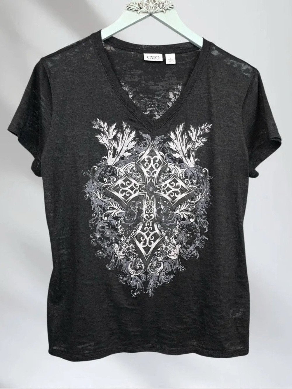 Cato Black Short-Sleeve V-Neck Tee with Ornate Silver Cross